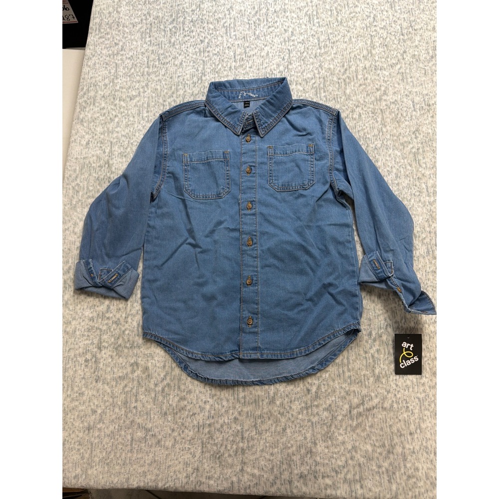 Art Class Boys Denim Button Down Shirt Blue Long Sleeve Size L 10/12 NEW‎
